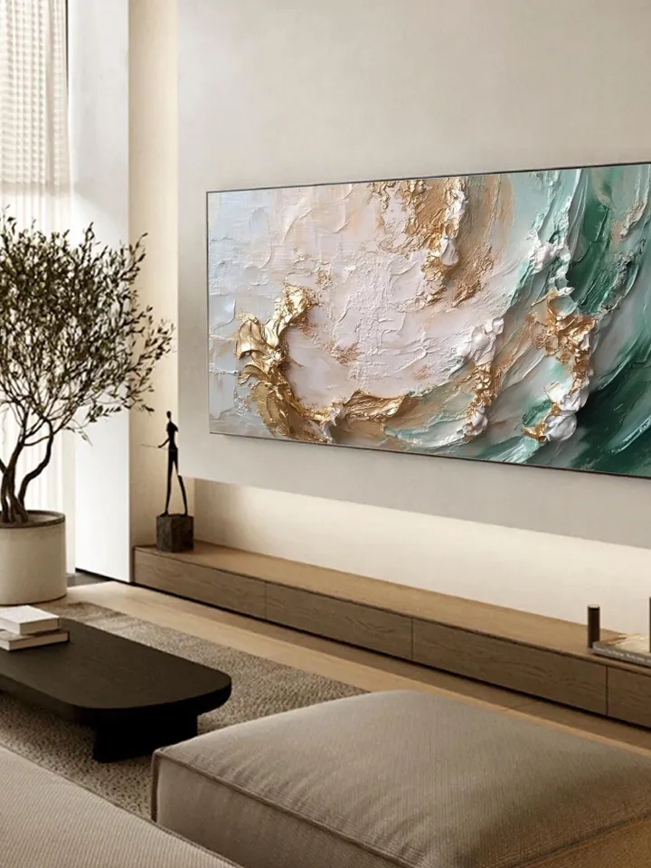 Original Abstract Golden Waves Oil Painting on Canvas | Elegant White, Gold, and Teal Art | Large Textured Wall Decor | Living room Wall Art