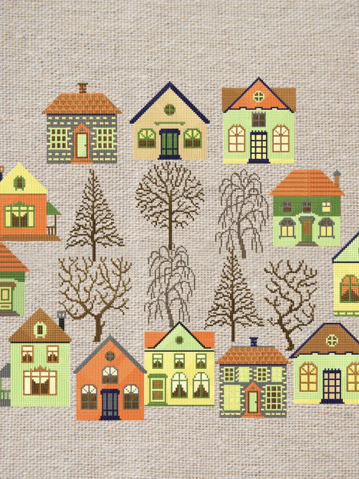 Сross-stitch constructor set machine embroidery design houses and trees digital embroidery patterns embroidery motif home and clothing decor