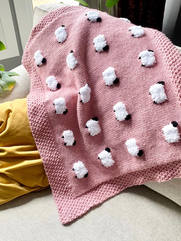 Reversible Sheep Baby Blanket, Handknit, Fuzzy Sheep, Flannel on Reverse (Optional) 3 Sizes