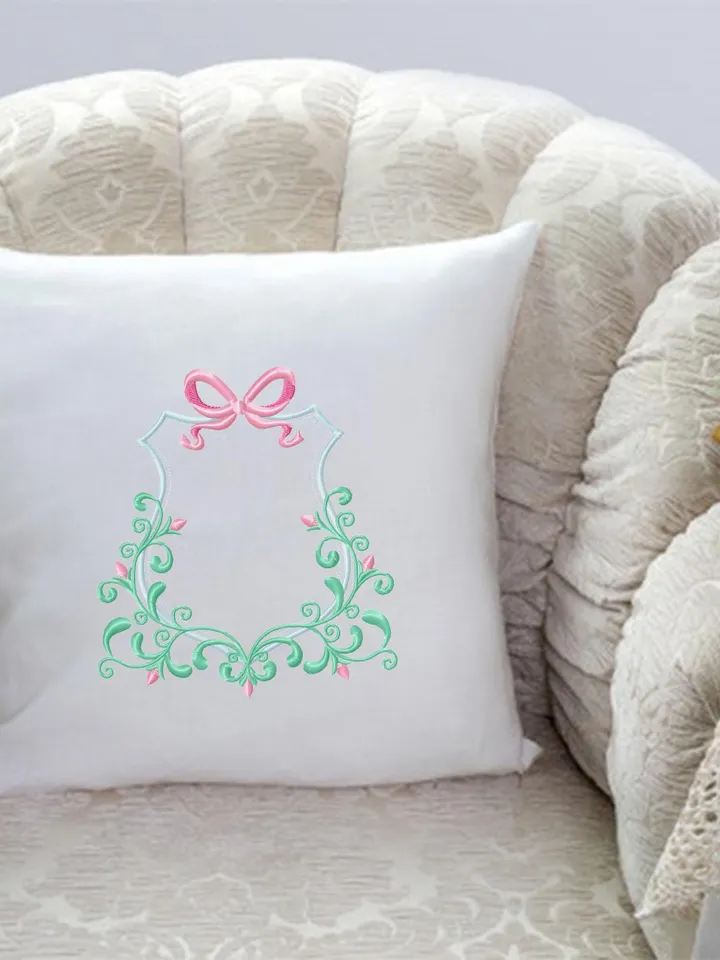 Frame floral crest embroidery design Machine embroidery pattern 4 size, Bow and scroll floral for baby monogram frame embroidery files #R42