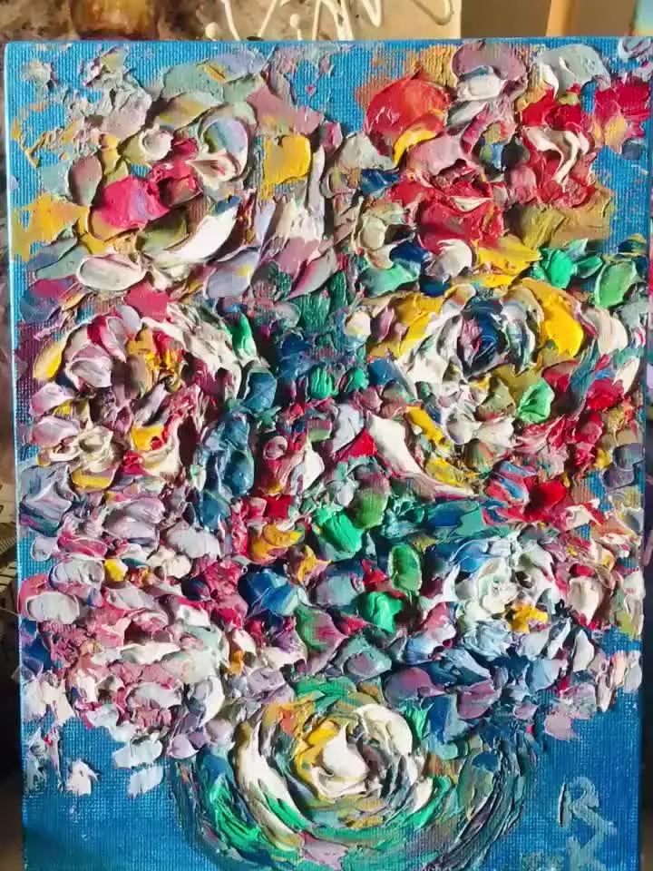 Flowers in a vase original oil impasto textured painting ,canvas board,ACEO painting ,impasto impressionistic wall decoration,handmade gift.