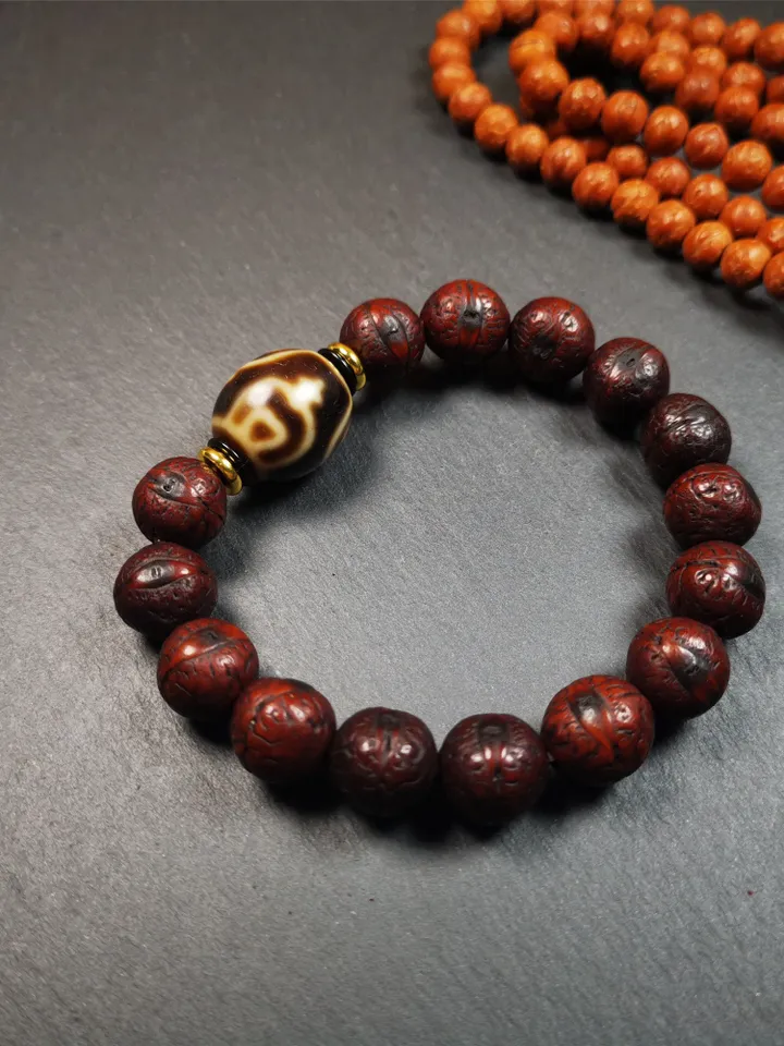 Gandhanra Unique Tibetan Dalo Dzi Bead Bracelet(30 Years Old), Treasure Vase Dzi with Old Bodhi Beads,Fit for 15-19cm Wrist
