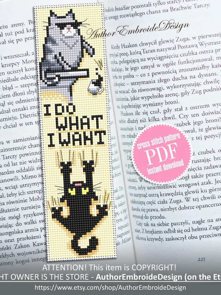 Cat bookmark cross stitch pattern download PDF Black cat cross stitch chart, Funny bookmark digital pattern PDF, Cat quotes embroidery #B322