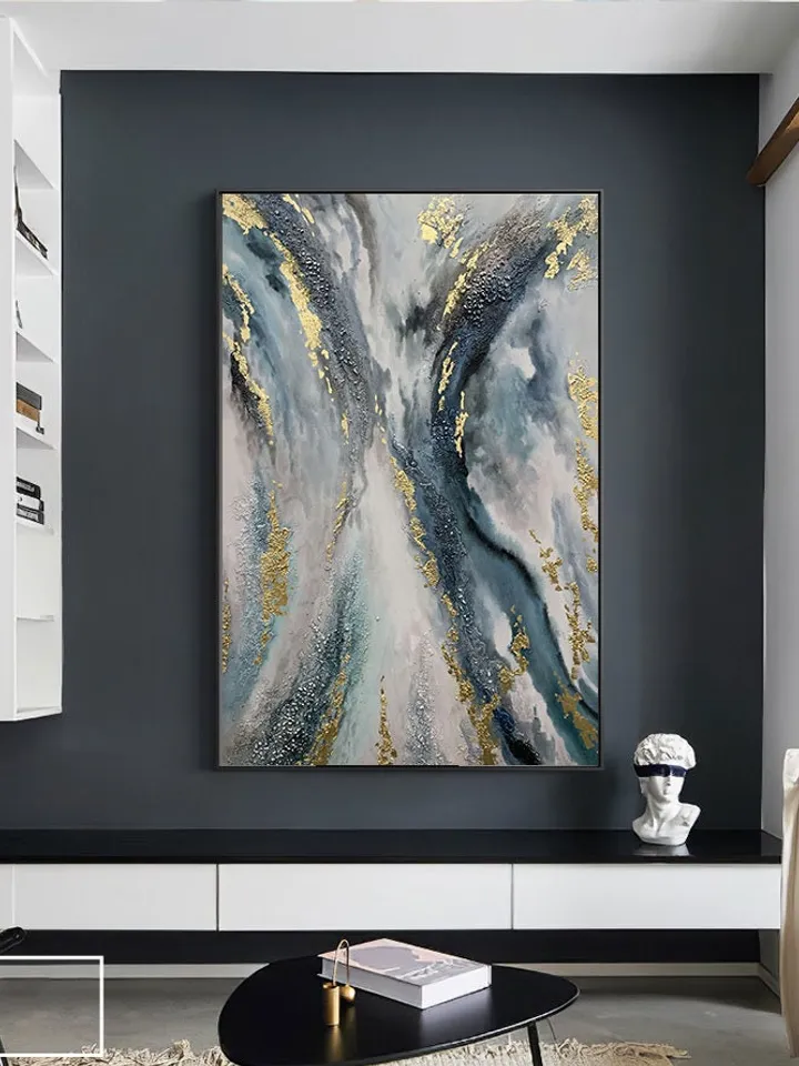 Large Gold leaf Abstract Painting,Original Blue Abstract Painting,Large Painting on Canvas,Large Abstract Art,Office Wall Decor,Wall Art
