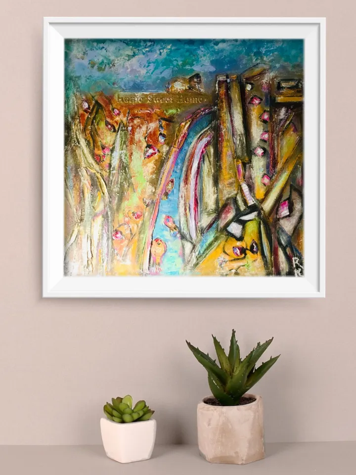 Fish town,original acrylic mix media fantasy painting ,collage wall art,fantasy town painting on cardboard,wall decoration.