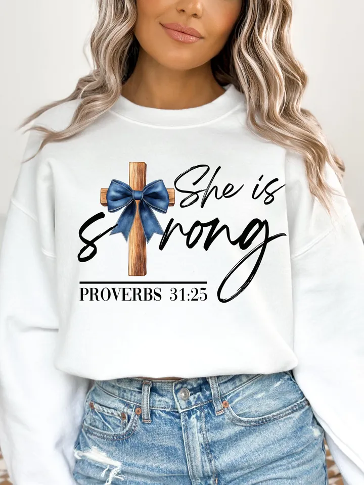 She is strong Proverbs 31:25 png,strong proverbs png,Christian png,Bible Verse png,God Jesus png,Religious png, Denim Coquettes Bow Png