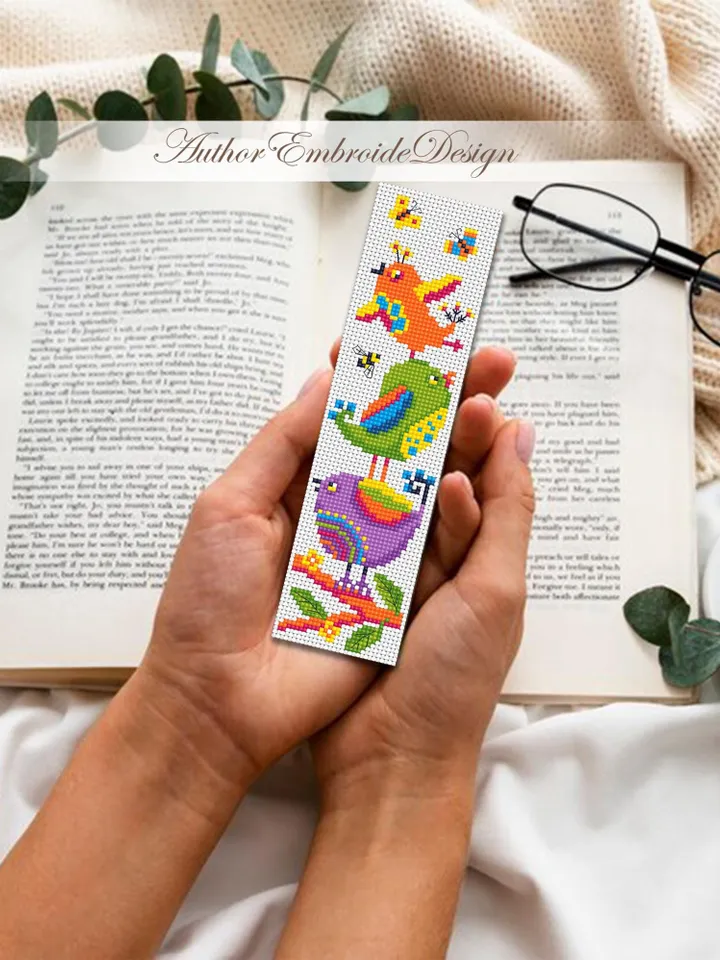 Folk bird bookmark cross stitch pattern PDF download Funny birds cross stitch chart, Cute bookmark pattern digital PDF Bird lover gift #B415
