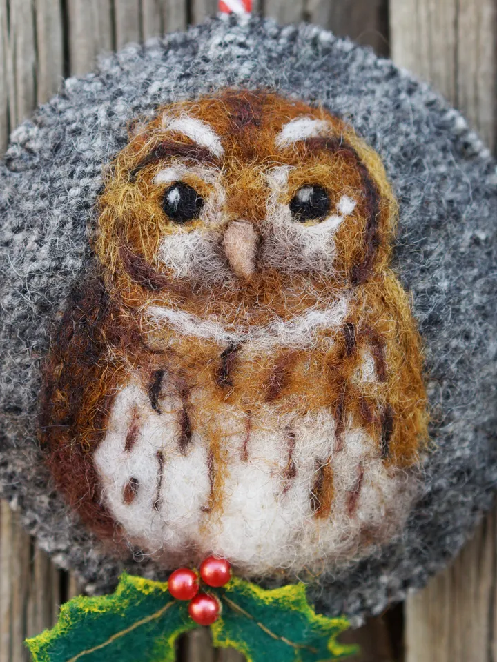 Tawny owl Christmas ornament, bird portrait, needle felted owl, made to order