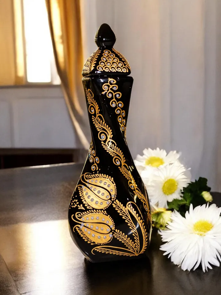 Handpainted Black and Gold Tall Vase For Flowers, 30 cm Handpainted Ceramic Vase, Home Decor, Ceramic Home Decor Plant Holder