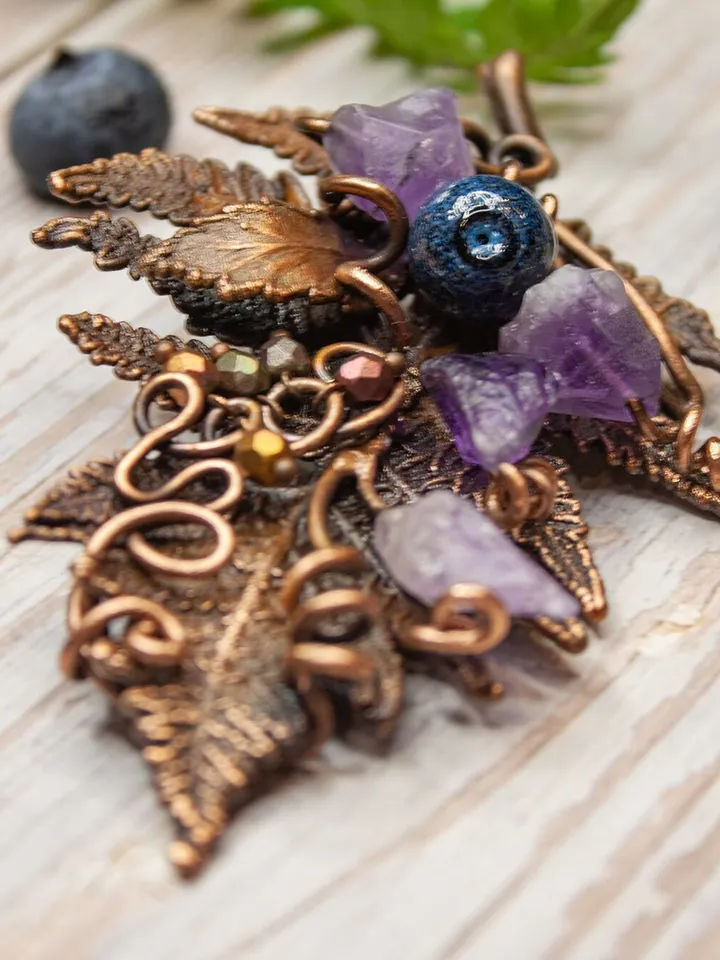 Copper handmade fern leaf brooch, amethyst buds, blueberry beads, nature jewelry, forest bunch, great gift for her, electroforming