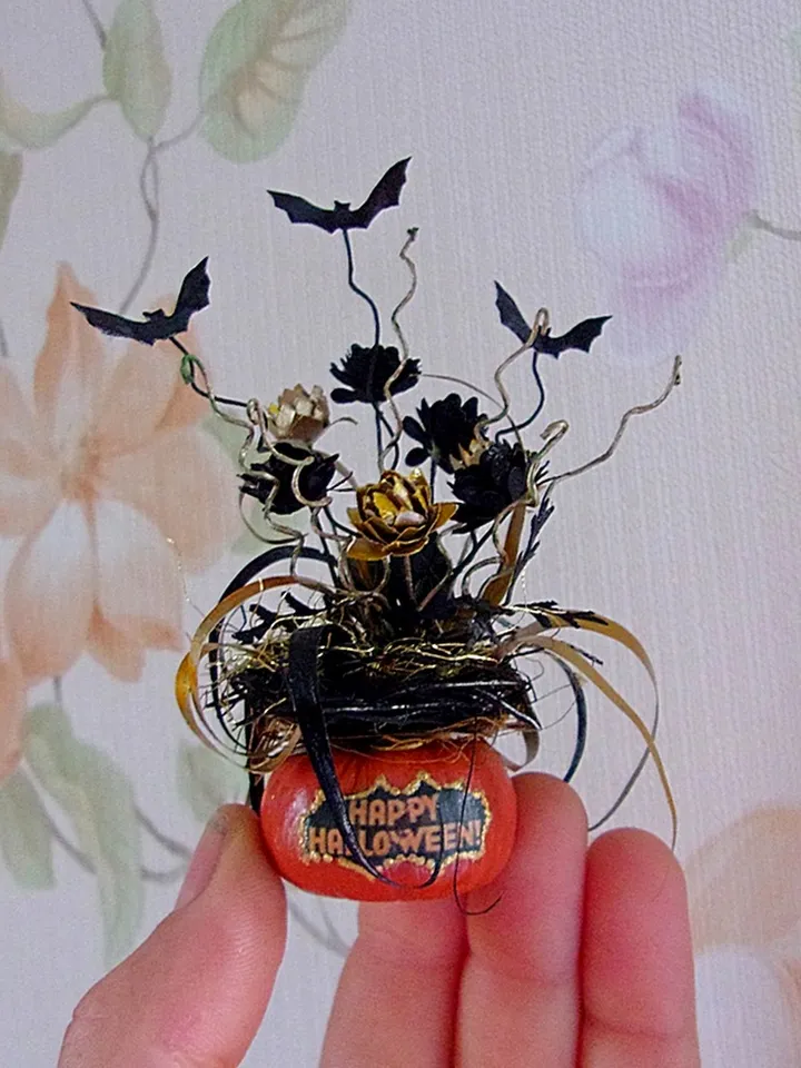 Halloween pumpkin. Festive pumpkin. Dollhouse miniature, Pumpkin with bats. Halloween. Handmade. 1:12.