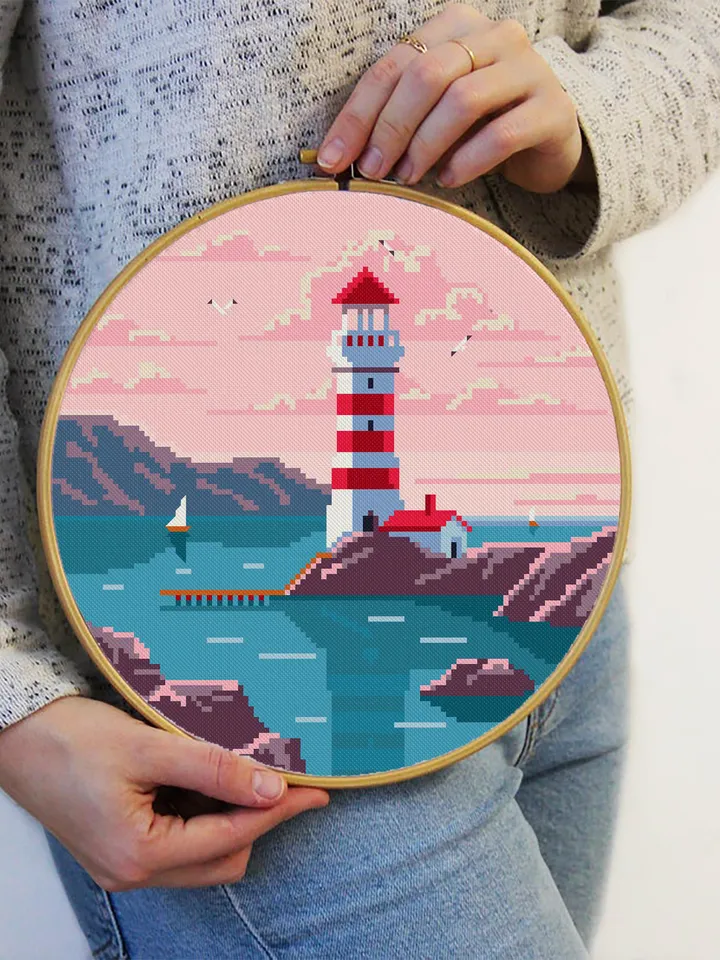 Lighthouse cross stitch pattern digital PDF Nature cross stitch Landscape embroidery beginners Instant download Sunset cross stitch #L21