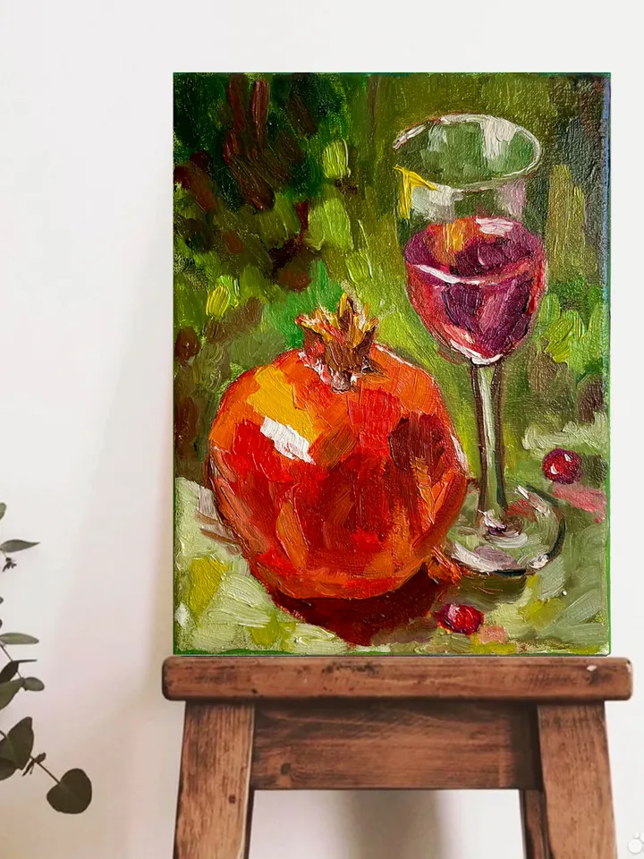 Pomegranate fruit painting Original, Wine Glass Still Life Painting, Small modern art 8" x 6"