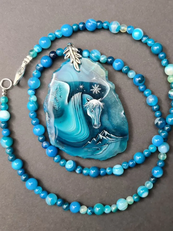 Snow horse necklace Jewelry Hand painted on blue agate miniature painting