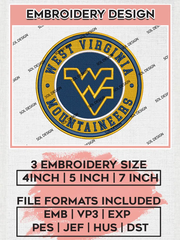 NCAA West Virginia Mountaineers Round Logo Embroidery, NCAA West Virginia Logo Embroidery files, NCAA Teams, Machine embroidery designs, Digital Download
