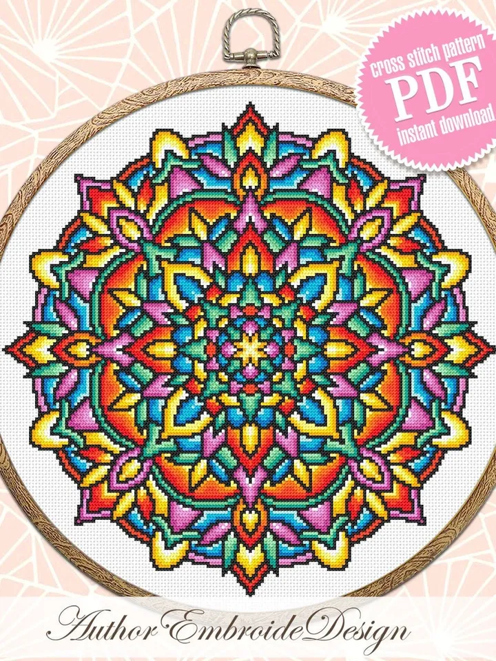 Stained glass mandala cross stitch pattern PDF download Modern Stained glass cross stitch chart, Colorful mandala pattern digital PDF #M266