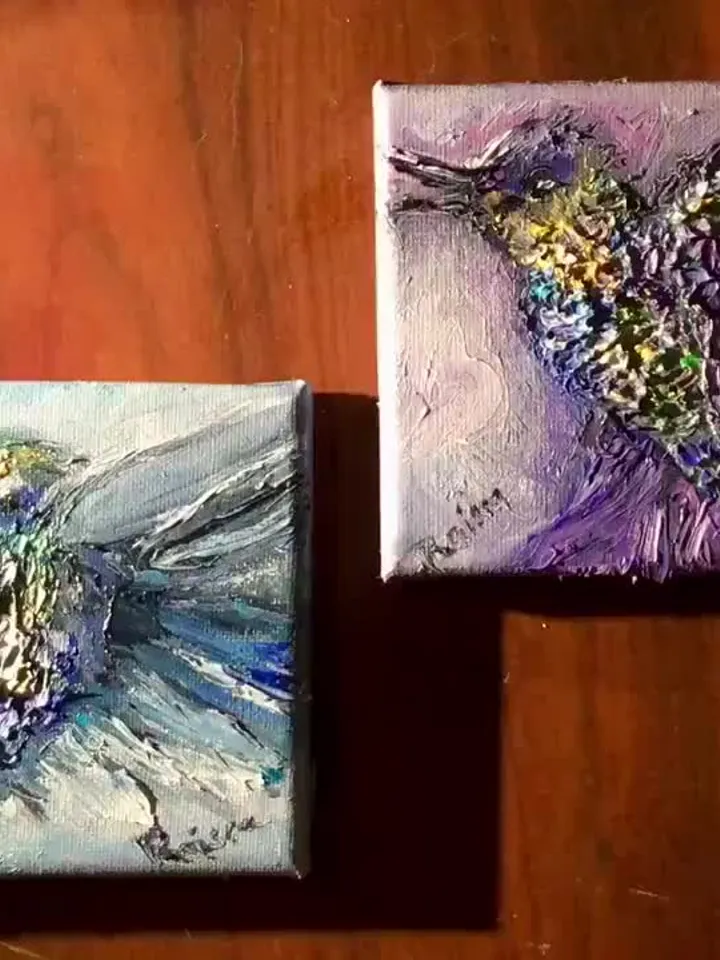 Hummingbirds couple diptych,set of 2 hummingbirds painting,small canvas paintings gifts, wedding gifts wall decor,exotic birds oil painting,