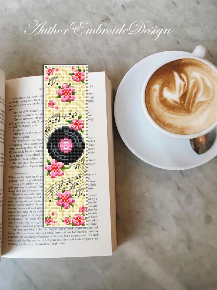 Music bookmark cross stitch pattern PDF download Retro vinyl record cross stitch chart, Flower bookmark pattern digital, Music notes #B409