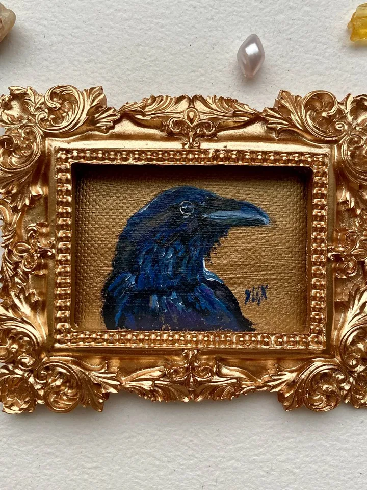 Framed Raven Painting Small Original Corvid Artwork Crow Art Tiny Oil Painting Framed Bird Painting