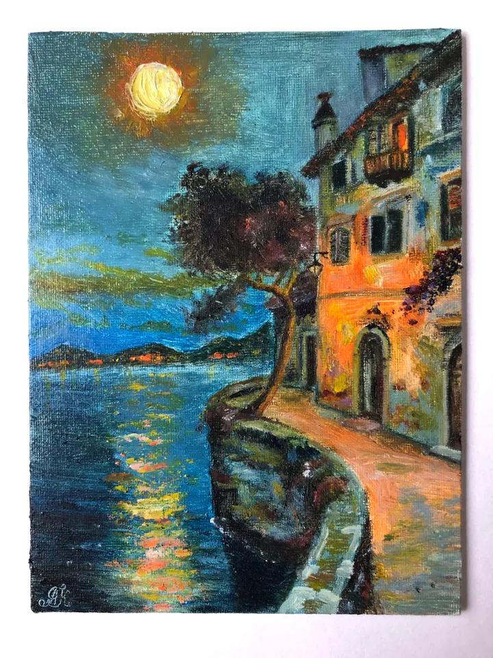 Summer night original oil modern painting wall art 6x8 inches