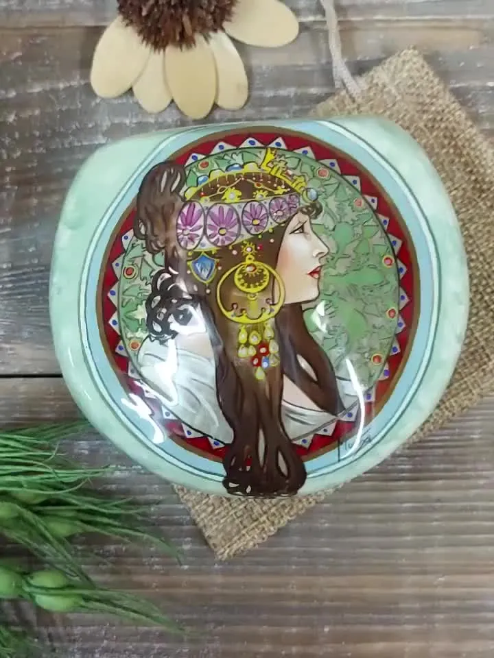 Lacquer Box Alphonse Mucha.The brunette.Hand painted miniature painting.Jewelry box Mother of pearl Papier mache.Art gift Fedoskino