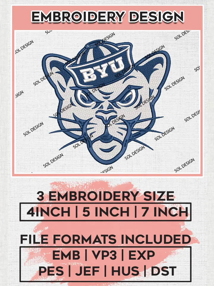 BYU Cougars Mascot Embroidery Designs, NCAA Logo Embroidery Files, NCAA BYU Cougars Logo, NCAA Embroidery Designs, Machine Embroidery Designs, Digital Download