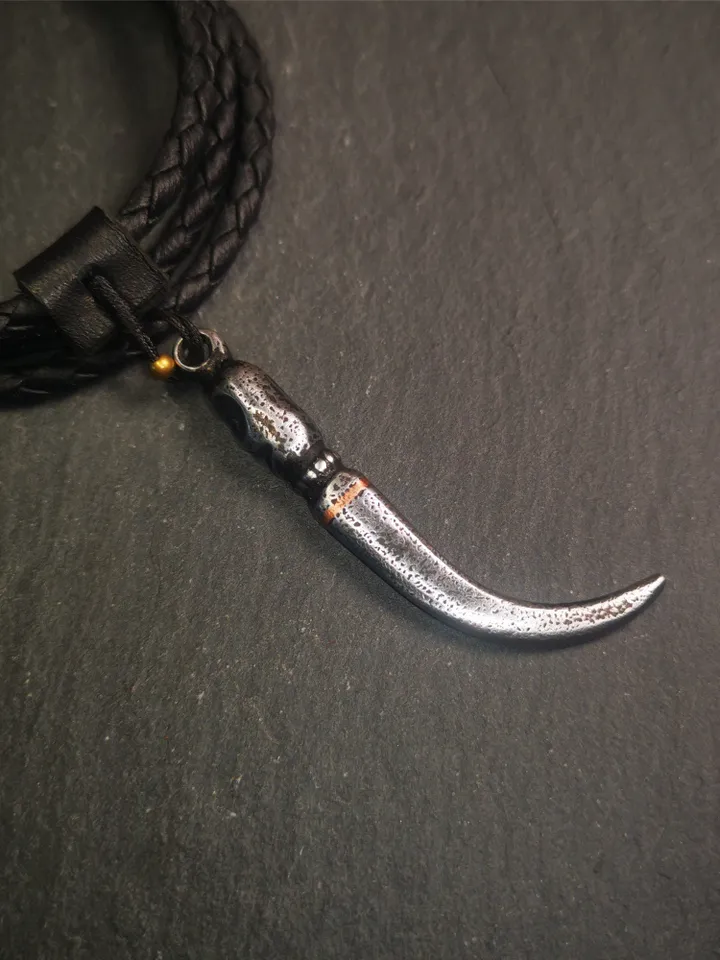 Gandhanra Handmade Tibetan Amulet ,Skull Wolf Tooth Pendant with Leather Cord,Made of Cold Iron inlaid Copper,2.16&quot;