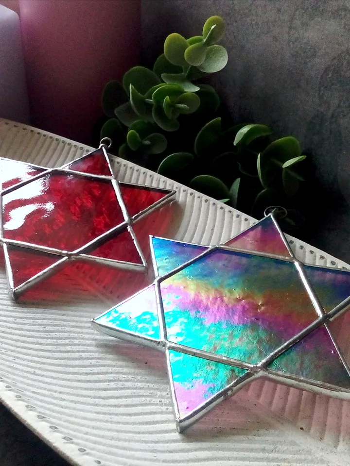 Set of 2 snowflake suncatchers, christmas ornaments, simple stained glass, Christmas decorations, Xmas tree star