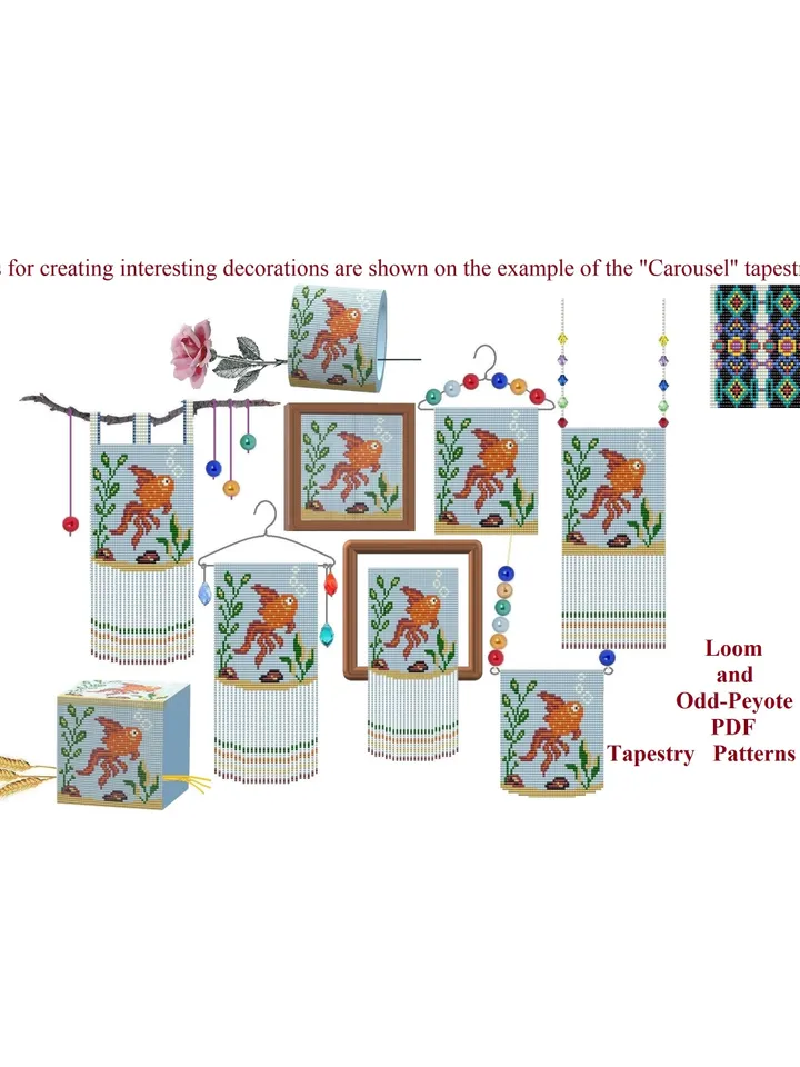 Loom & Odd-Peyote stitch "Gold fish" Small Tapestry Pattern, Beaded Mini Banner Pattern, seed bead pattern, PDF instant download