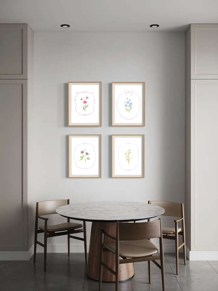 Set of 4 Pink Flowers Watercolor Painting, Vintage Botanical, Wildflower Wall Art, Colorful Floral, Blush Pink Floral, Trendy Artwork Print