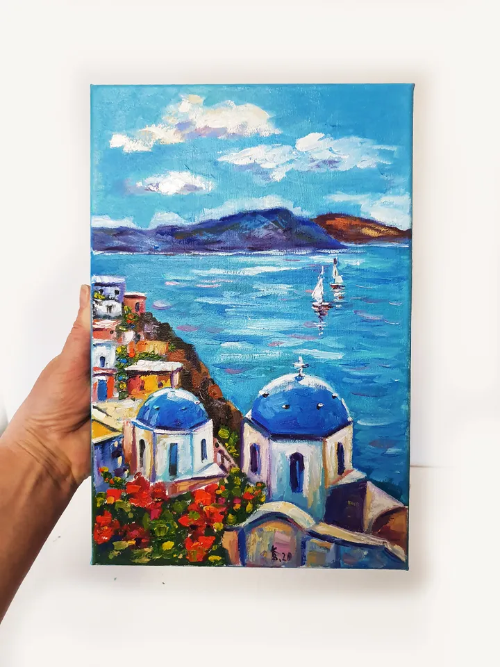 Santorini sailboats at sea oil painting diptych