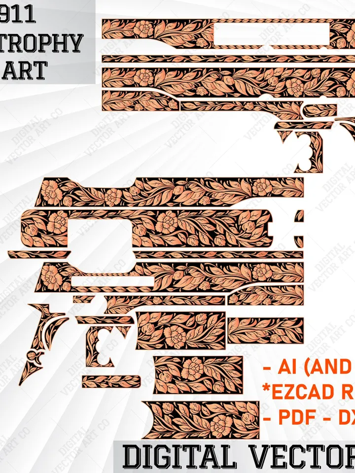 Colt 1911 Gold Cup Trophy Scroll Art | Scroll Gun Engraving | Gold Cup Trophy ScrollWork | Svg Gold Cup