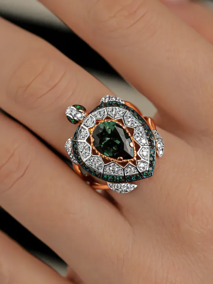Ring Silver gold plated 925 assay value with tourmaline and cubic zirconia