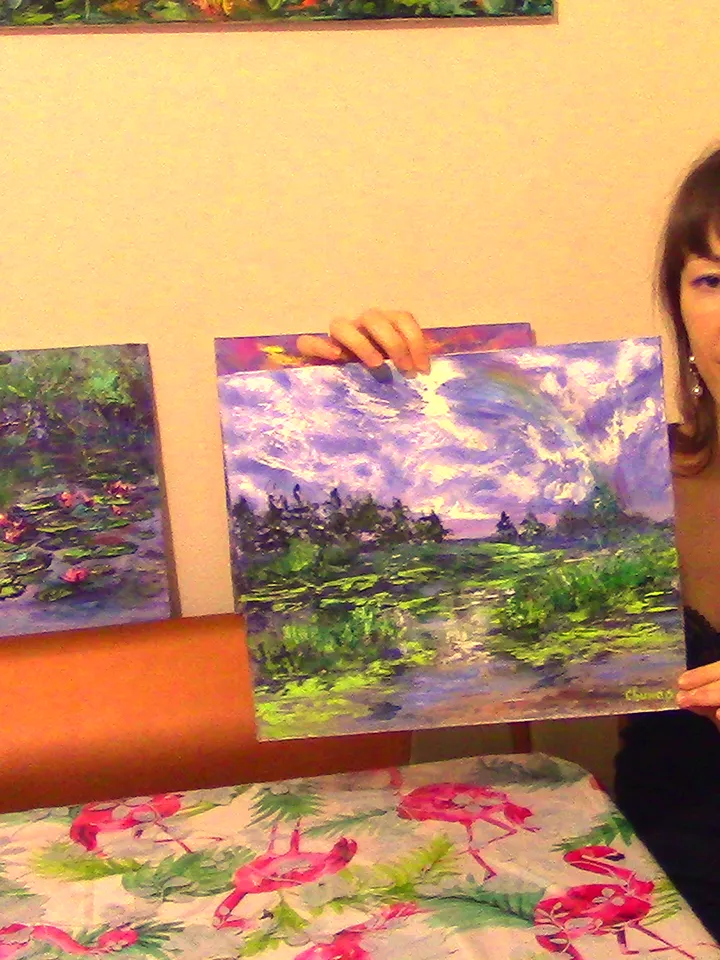 Rainbow River Pond Forest Sky Original Impasto Art Oil Painting Artist Svinar Oksana