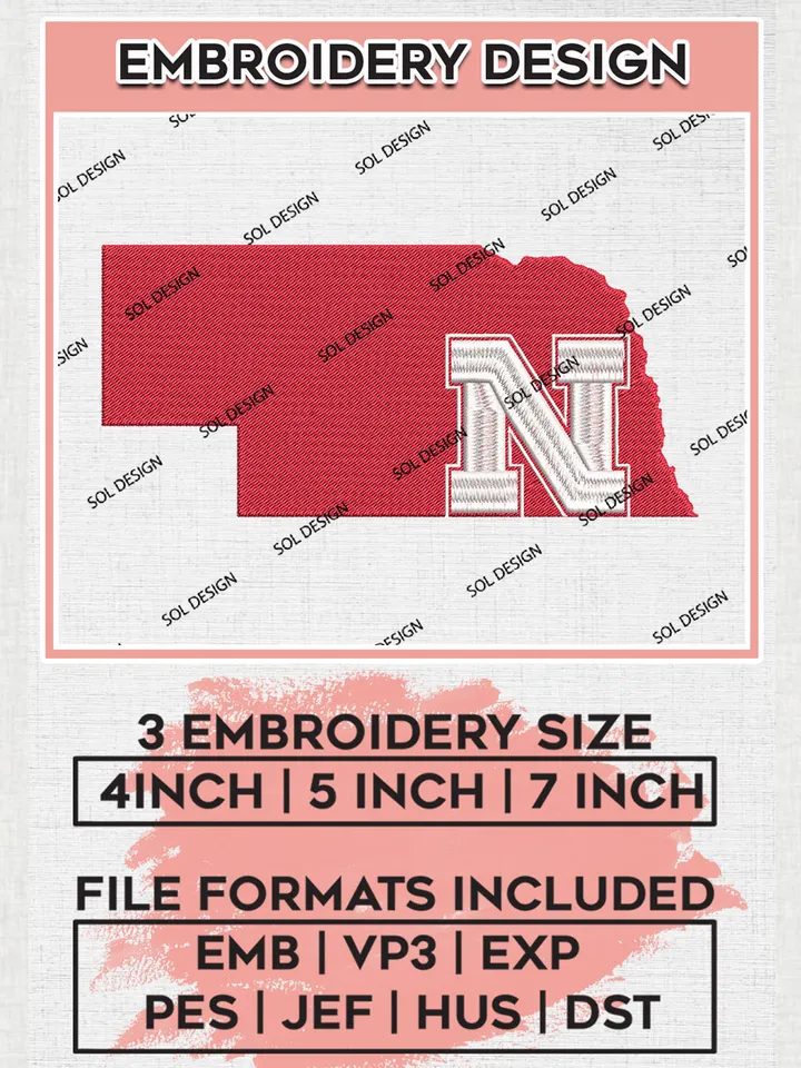 NCAA Nebraska Cornhuskers Team Map Logo Embroidery Design Files, NCAA Nebraska Cornhuskers Machine Embroidery, NCAA Teams, 3 sizes, NCAA Machine embroidery designs, Digital Download