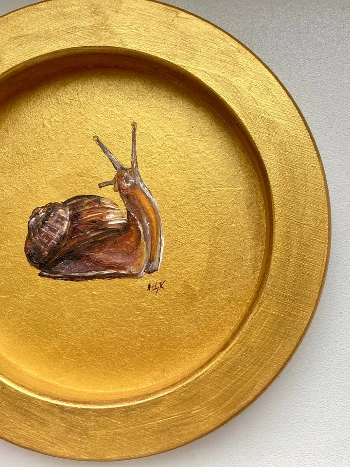 Framed Snail Oil Painting Original Round Art Gold Frame Painting Academia