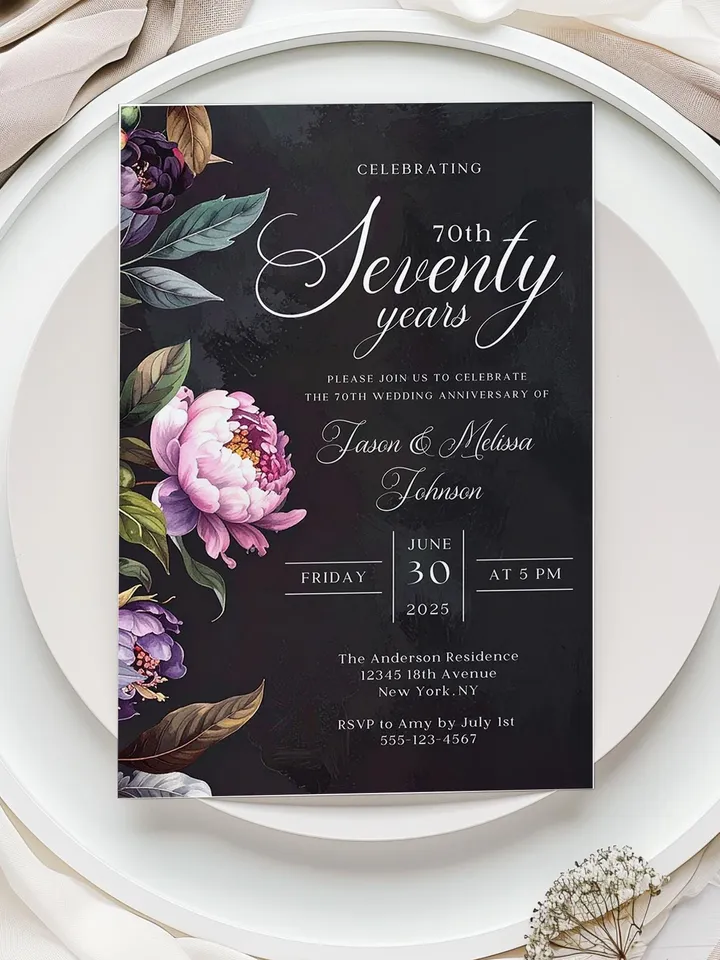 70th Anniversary Party Invitation, 60th, 50th, 40th, 30th, Moody Burgundy & Blush Peony Floral Canva Template 5x7 birthday evite