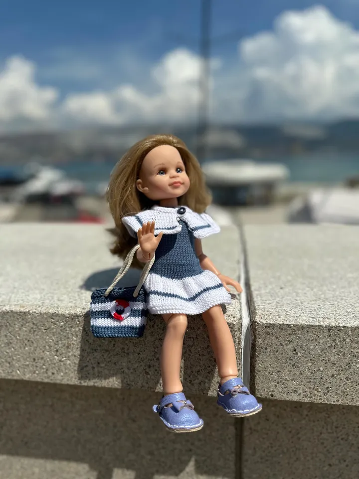 PDF Knitting Marine SET Dress Beret Collar Bag Pattern & Tutorial – Cozy Outfit for 13-Inch Dolls Paola Reina eng