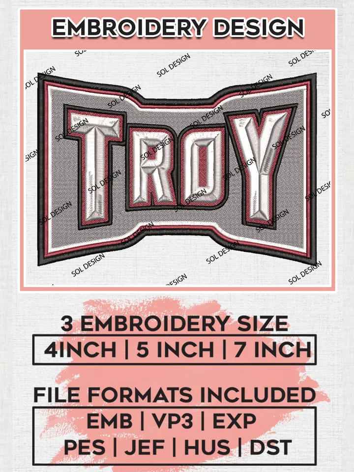 Troy NCAA College Football Team Writing Logo Embroidery Design Files, NCAA Troy Trojans Machine Embroidery, NCAA Teams, Game Day, 3 sizes, NCAA Machine embroidery designs, Digital Download