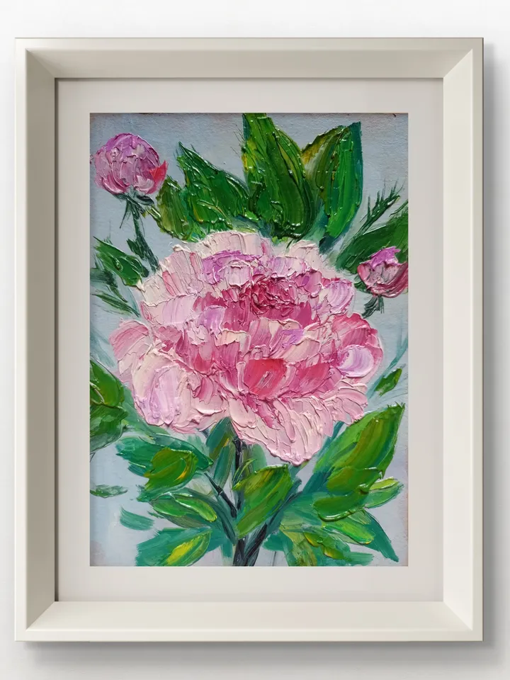 Small oil painting on cardboard portrait of a peony flower Pink flower in impasto painting, unique gift flowers wall art Floral wall décor