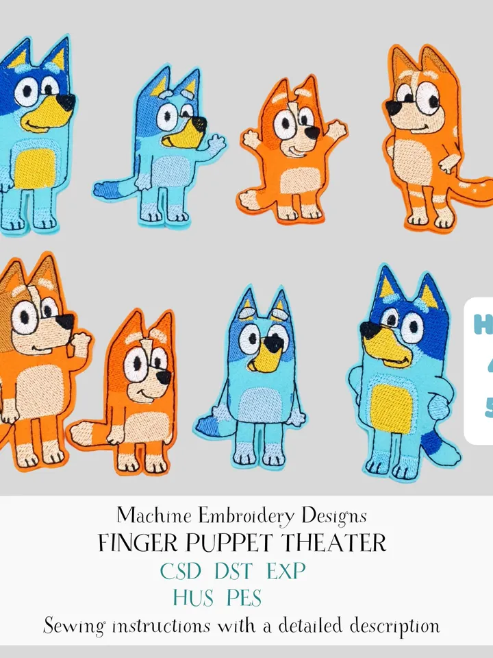 ITH Blue Heeler Dog Family Finger Puppet Embroidery Design Set, Aussie Cartoon Toy Pattern, 4x4 5x7 Hoop File