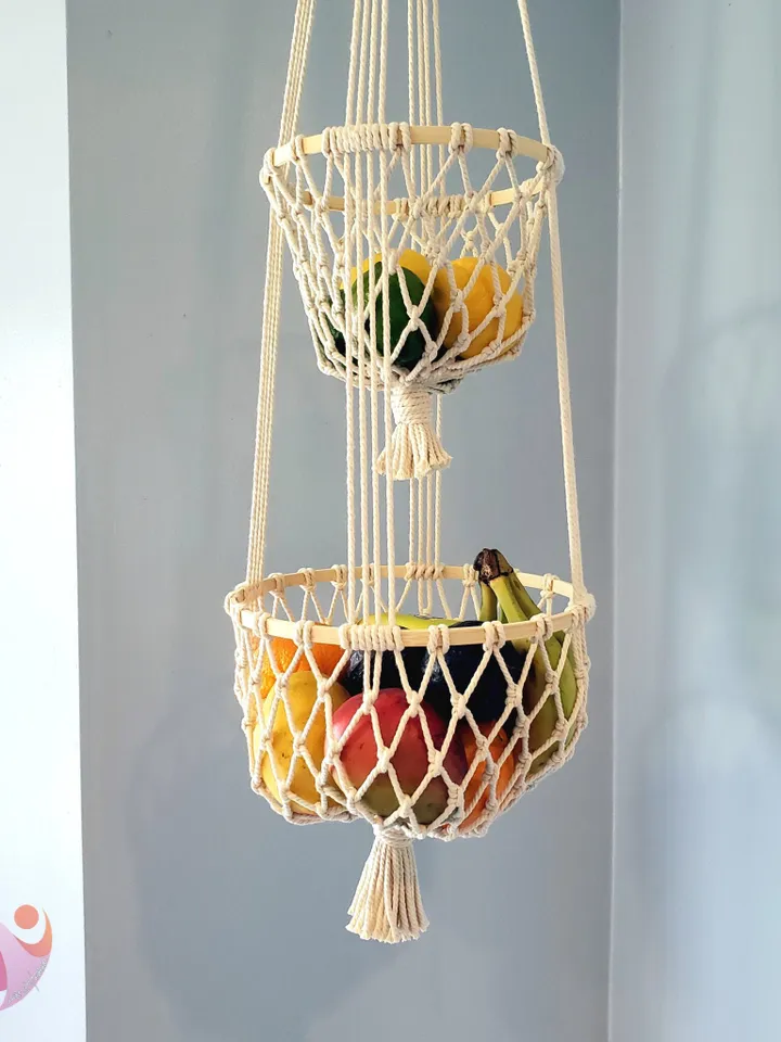 2 Tier Fruit Hammock Macrame Hanging Fruit Basket Kitchen Storage Solution Kitchen Organization Macrame Produce Net Strong Fruit Holder
