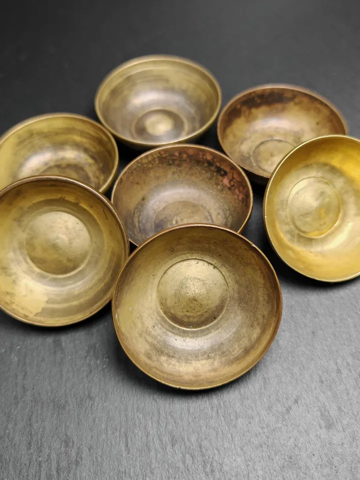 Gandhanra Old Tibetan Buddhist Water Offering Bowls,Yonchap Bowls,1 Set of 7 Bowls,Offerings in Monastery,40 Years Old,2.4" × 0.8"