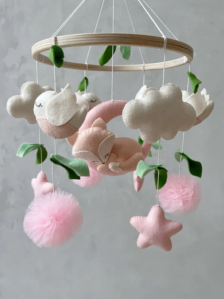 Fox baby mobile girl pink and mint, Woodland crib mobile girl