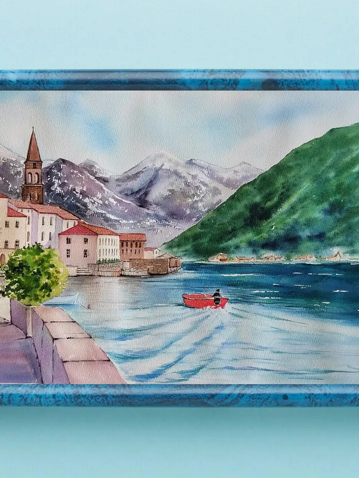 Original Watercolor Painting Montenegro Landscape Art Old Budva Artwork Coast of Montenegro Picture 30x40 cm by SoftWaves