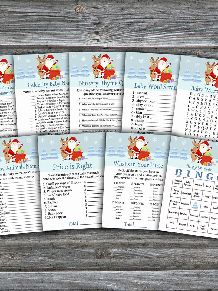 Santa Rudolf baby shower games bundle,Christmas Baby Shower games package,Fun Baby Shower Games,9 Printable Games-235