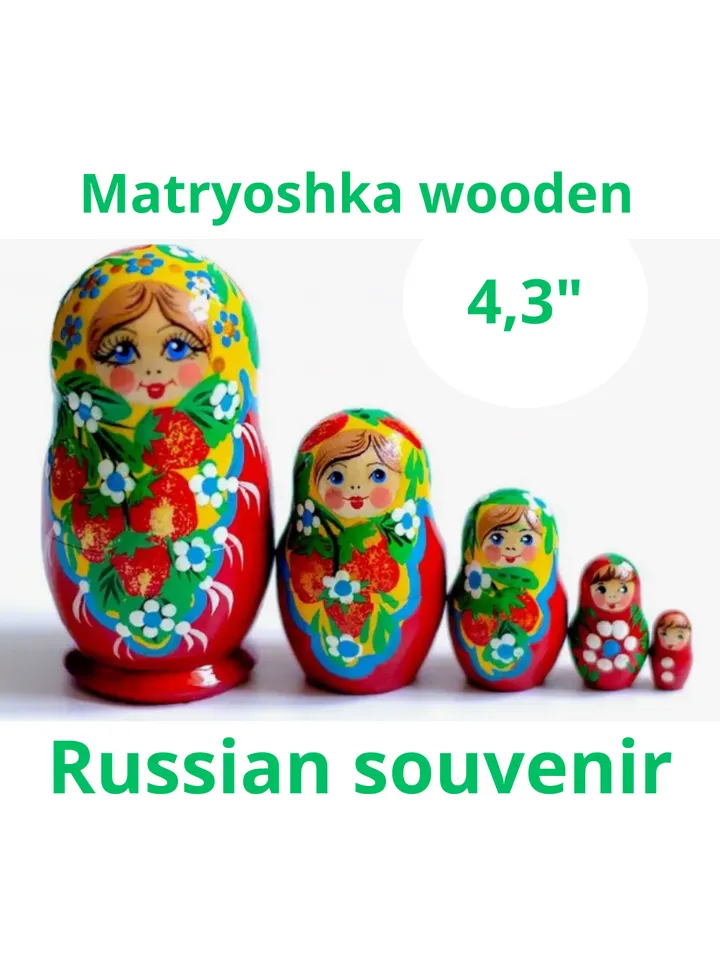 Matryoshka wooden 4,3” souvenir. Set of 5 dolls in 1.