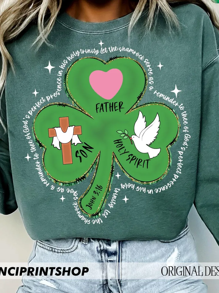 Shamrock Holy Trinity - St. Patrick's Day Bible Verse Cards, Father, Son & Holy Spirit 3 Leaf Clover, Christian St. Patrick's PNG, Regilious