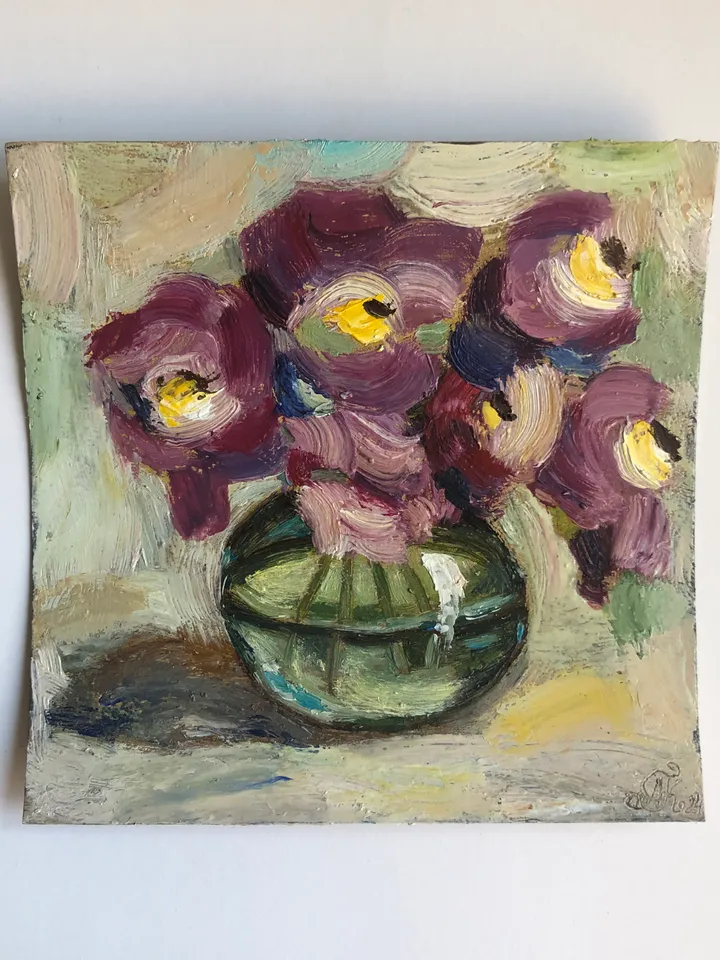 Vase with flowers original oil painting handmade wall art bouquet peonies on cardboard 6x6 inches modern art