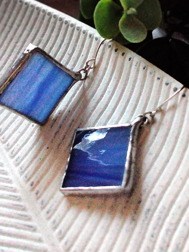 Simple stained glass, blue earrings, cute squar earrings, geomentic earrings